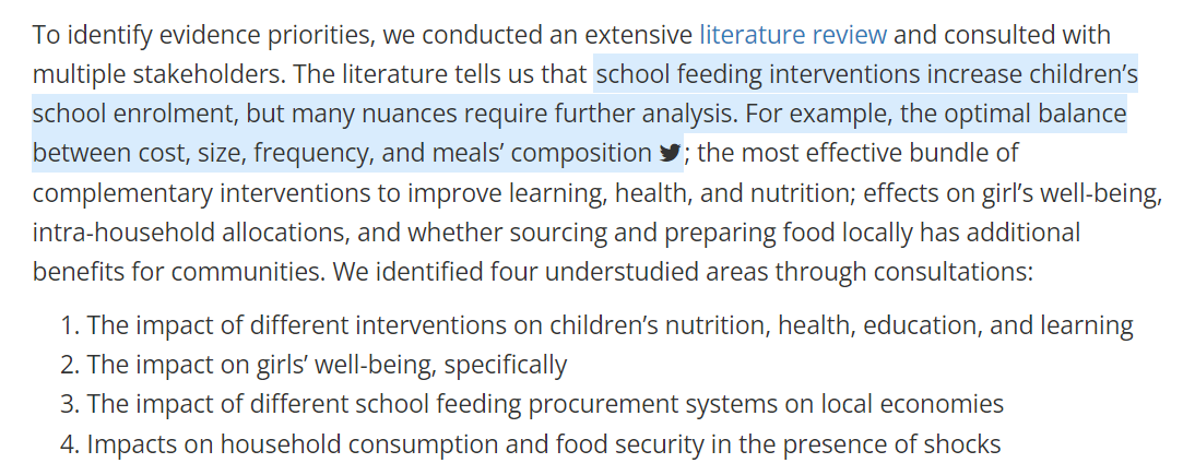 Four understudied areas around school feeding.

blogs.worldbank.org/developmenttal… (That's not to say there's no evidence in these areas; just that there's more to learn!)

by @r_khincha, @FKondylis, @simonelomb, Zwager, & @IntDev_Impact