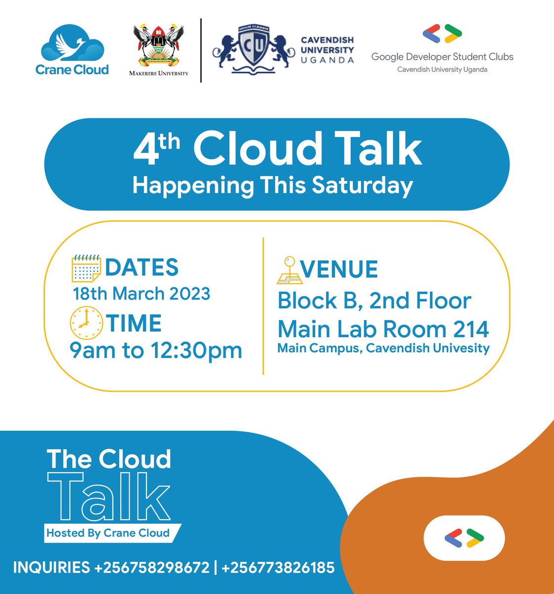 CraneCloud_io's tweet image. Happening this Saturday @CavendishUg . Join us again for the final #CloudTalk together with the @dsc_cuu  Team. 

Register to attend ; bit.ly/cavendishcloud… 

#Autocontainerization 
#CloudComputing