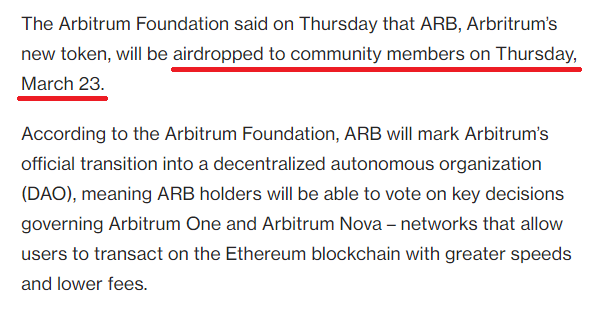 Arbitrum Airdrop Incoming 🪂 🤯

The token will be Airdropped on Thursday, March 23rd!

The day we have all been waiting for.  LFG!

source: coindesk