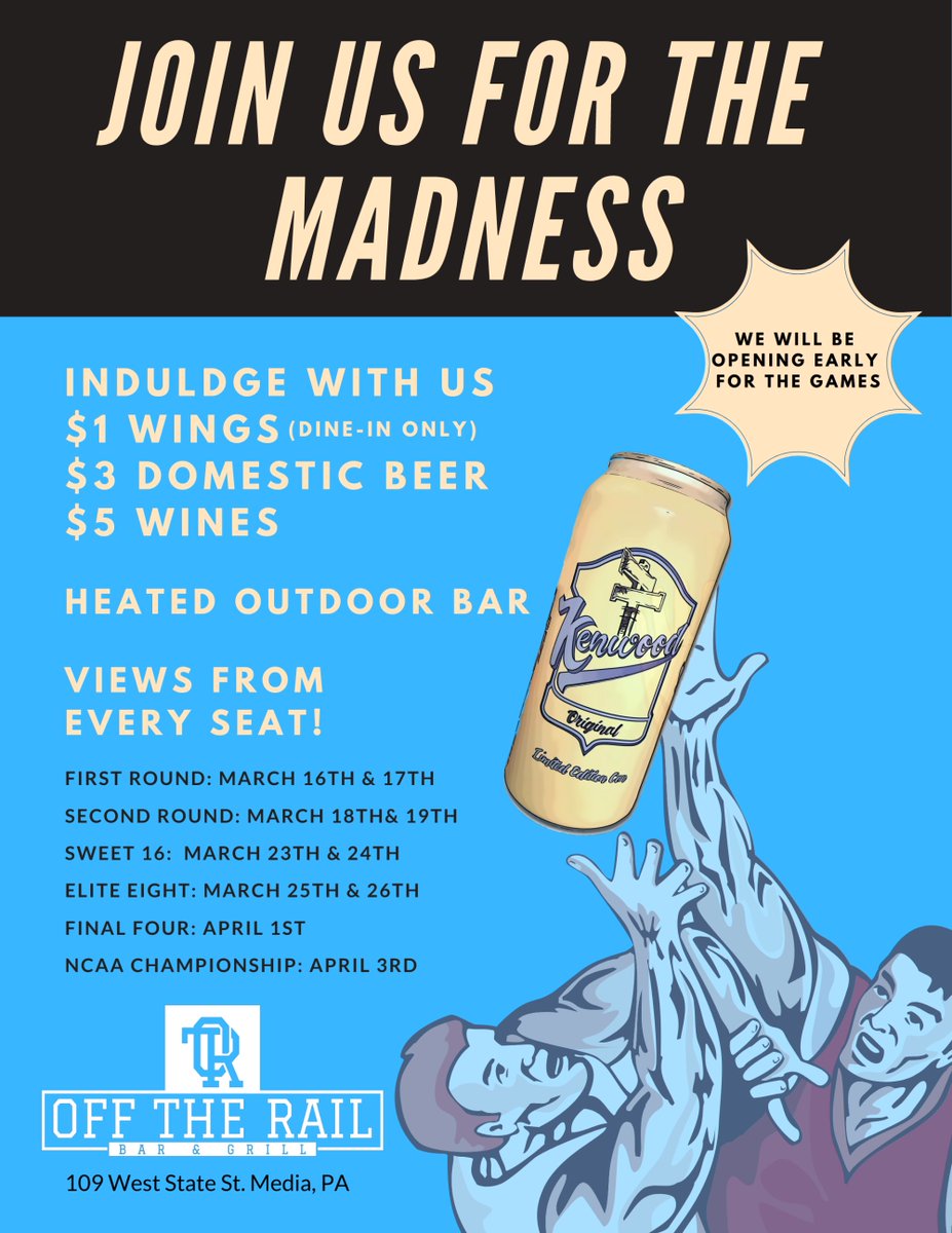 WE ARE OPENING EARLY FOR THE MADNESS!!!! $3 domestic beer, $5 wine, and bring your appetite because we are running $1 wings during EVERY game!!!! Tables are first come first serve so be sure to get here early.