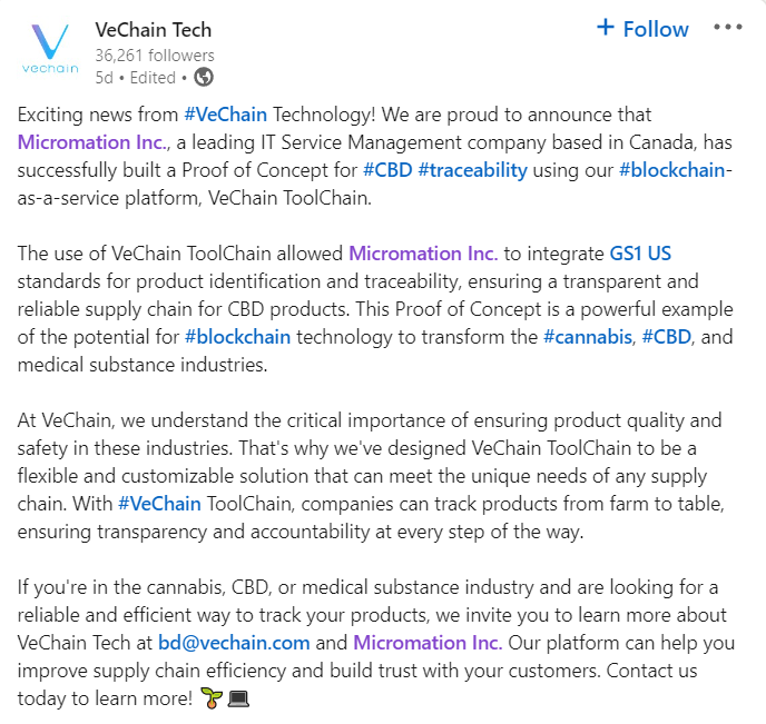 eisenreich's tweet photo. "VeChain Technology is proud to announce that Micromation Inc., a leading IT Service Management company based in Canada, has successfully built a Proof of Concept for #CBD #traceability using our #blockchain-as-a service platform, VeChain ToolChain." ⛓️

#VeChain #Tech $VET #IoT https://t.co/3HJN3NogNo
