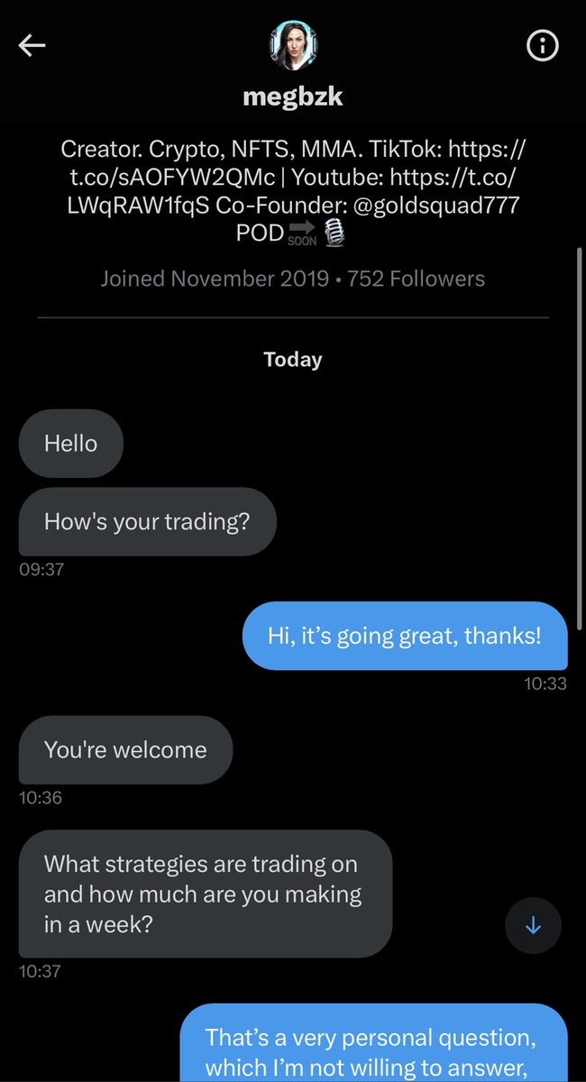 SteamAheadNFT's tweet photo. Another funny interaction this morning made me tweet this polite reminder: genuine people will never DM you, be aware of the scammers and report every single one. This one was impersonating @megbzk. Make sure you double check the name of the account. https://t.co/YuaYidn7GX