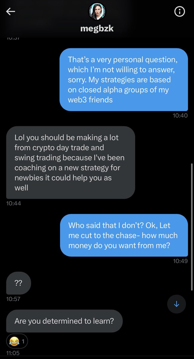 SteamAheadNFT's tweet photo. Another funny interaction this morning made me tweet this polite reminder: genuine people will never DM you, be aware of the scammers and report every single one. This one was impersonating @megbzk. Make sure you double check the name of the account. https://t.co/YuaYidn7GX
