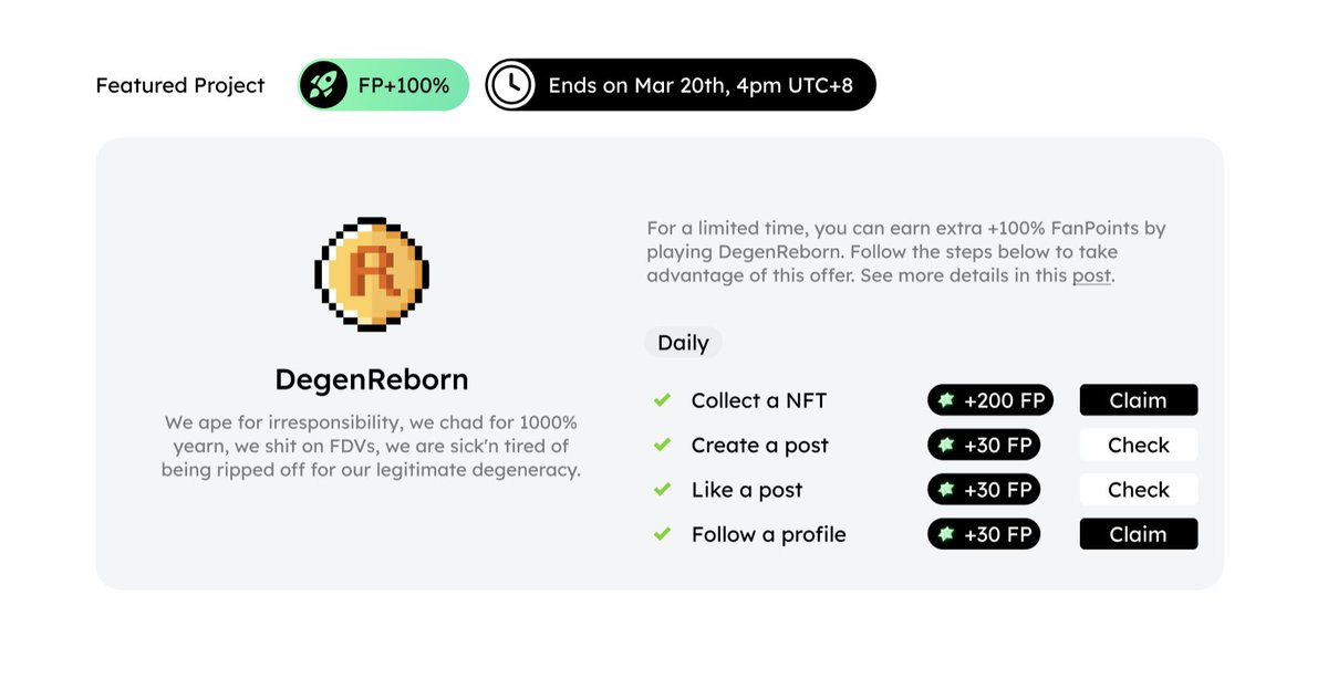 DegenReborn's tweet photo. Guess who becomes the world's 1st project to integrate @CyberConnectHQ FanClub👀

Oh yeah, us.

Now Degenz can join #degenflashbeta while collecting CC FanPoints before everybody else.

Read complete tutorial:
https://t.co/YNOXrpAAF3 https://t.co/ZiAGejZdFz