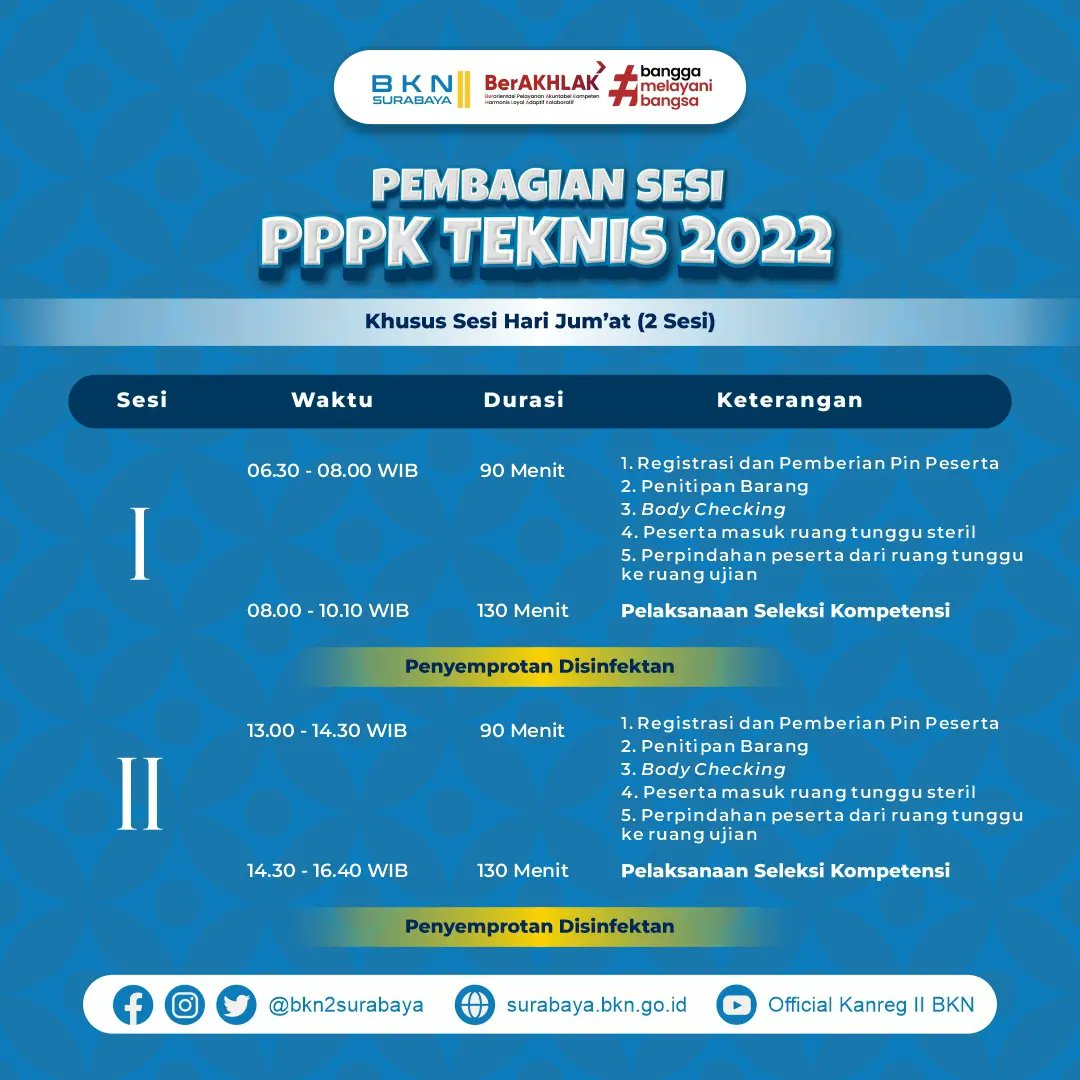 bkn2surabaya's tweet photo. #SobatBKN yg tidak kalah penting untuk diperhatikan adalah sesi seleksi ya.. Usahakan hadir 30 menit sebelum sesi berlangsung, karena tahapan sebelum ujian memakan waktu sekitar 90 menit. Mimin tunggu di Kanreg II BKN yaa ππ
#PPPKTenkes #ASN #ASNBanggaMelayaniBangsa #CATBKN https://t.co/pOOCsMyNWt