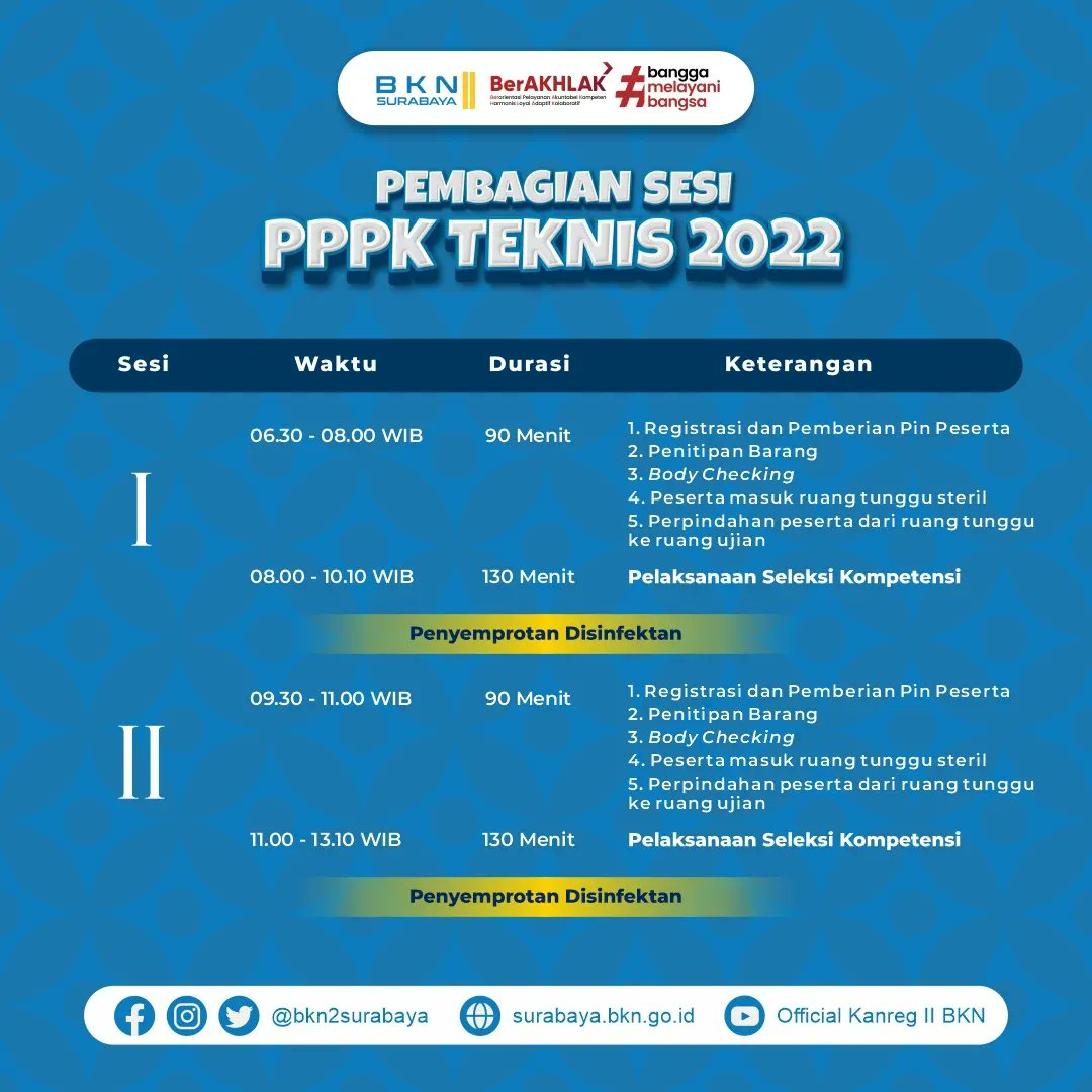 bkn2surabaya's tweet photo. #SobatBKN yg tidak kalah penting untuk diperhatikan adalah sesi seleksi ya.. Usahakan hadir 30 menit sebelum sesi berlangsung, karena tahapan sebelum ujian memakan waktu sekitar 90 menit. Mimin tunggu di Kanreg II BKN yaa ππ
#PPPKTenkes #ASN #ASNBanggaMelayaniBangsa #CATBKN https://t.co/pOOCsMyNWt