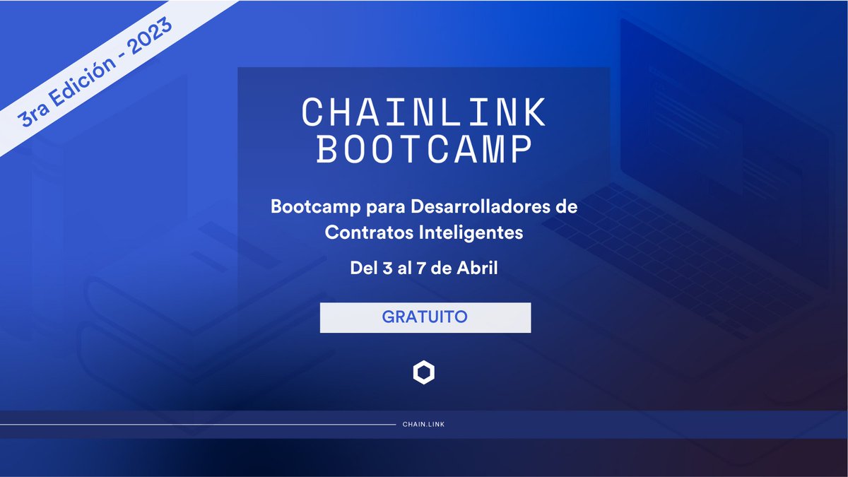¡Chainlink Bootcamp 2023!

5 días, 10 horas de aprendizaje para convertirte en un héroe de #Blockchain y Contratos Inteligentes.

100% Gratuito y En Español

📅 Del 3 al 7 de Abril

¡Regístrate aquí ahora! 👉 chainlinkcommunity.typeform.com/to/ptE5Bgzc

#ChainlinkBootcamp2023