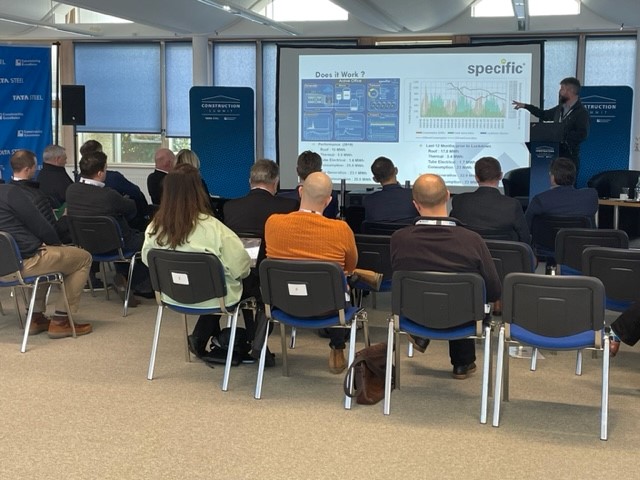 TataSteelConstr's tweet photo. Our first delegates are listening to Justin Seattle from SPECIFIC talking about 'Does the work stop at Net Zero?' #TSCEconstructionsummit https://t.co/dYMmNAMyJ3
