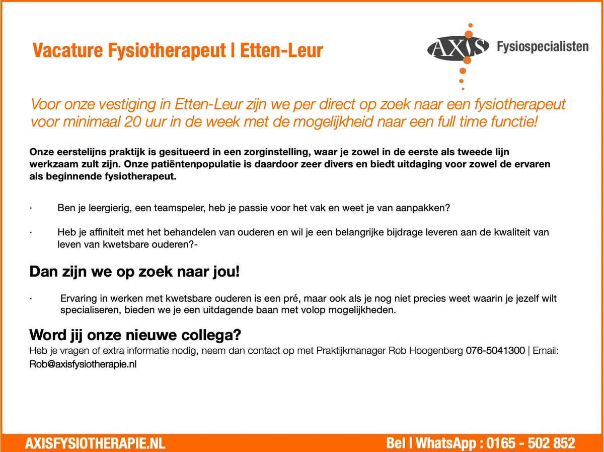 #Vacature Fysiotherapeut | Etten-Leur! Word jij enthousiast?
Lees verder, ga naar buff.ly/3mknQqx en vul je gegevens in en we bellen je om een afspraak te plannen.
•
•
•
•
•
#Axisfysiotherapie #Defysiospecialist #Ettenleur