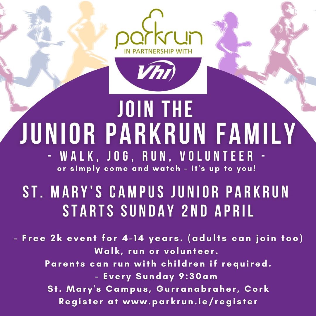 Join the Junior Parkrun Family
Free 2k event for 4-14 years (adults can join too), parents can run too if required. Every Sunday 9:30am St. Mary's Campus, Gurranabraher, Cork starts Sunday, April 2
Register at parkrun.ie/register
#parkrun 🏞️
#free 🏃
#volunteer
#fit