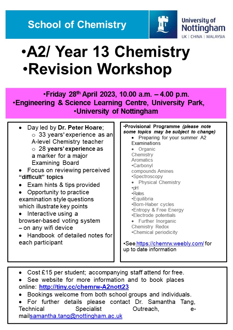 ChemistryUoN's tweet image. AS and A2 Chemistry Revision Workshops in April. Each one-day workshop costs £15 per student, for more info go to the links:

Thu 27 Apr AS Nottingham - University
book via tiny.cc/chemrw-ASnott23  

Fri 28 Apr A2 Nottingham - University
book via tiny.cc/chemrw-A2nott23