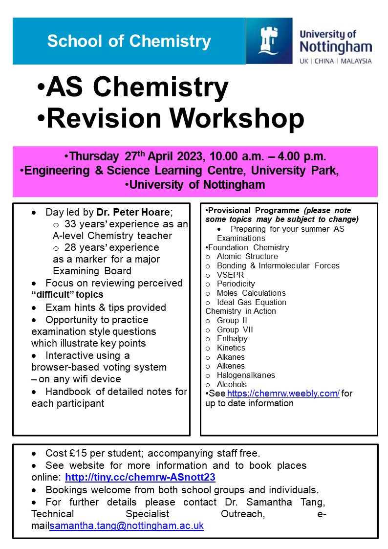 ChemistryUoN's tweet image. AS and A2 Chemistry Revision Workshops in April. Each one-day workshop costs £15 per student, for more info go to the links:

Thu 27 Apr AS Nottingham - University
book via tiny.cc/chemrw-ASnott23  

Fri 28 Apr A2 Nottingham - University
book via tiny.cc/chemrw-A2nott23