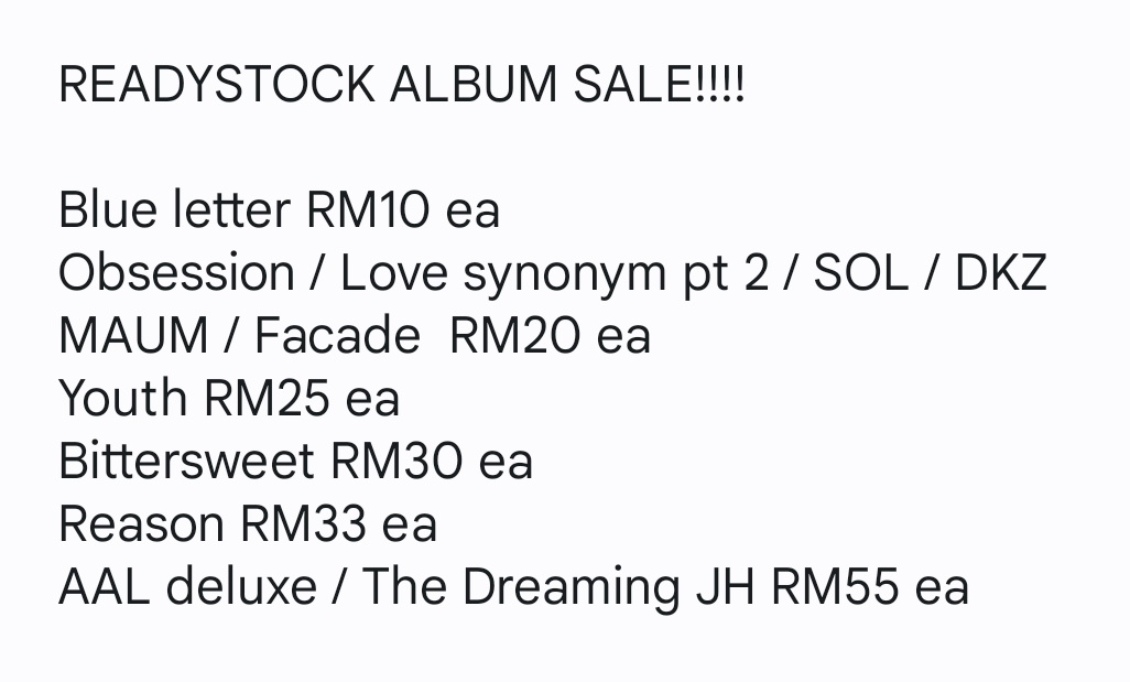 wontokgii's tweet photo. WTS READYSTOCK ALBUMS
🌸ALL SEALED / NEW
🌸Price stated all exc local postage
🌸DM IF INTERESTED 
Get RM2 OFF for each album if buy more than 4 ! 
#pasarMONSTAX #pasarmx #pasarwonho #pasardkz https://t.co/QHbAQve7kL