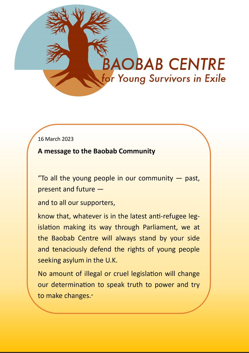 To all the young people in our community — past, present and future — 
know that, 
whatever is in the latest #AntiRefugeeBill, we at the Baobab Centre will always stand by your side and tenaciously defend the rights of young people seeking asylum in the U.K.