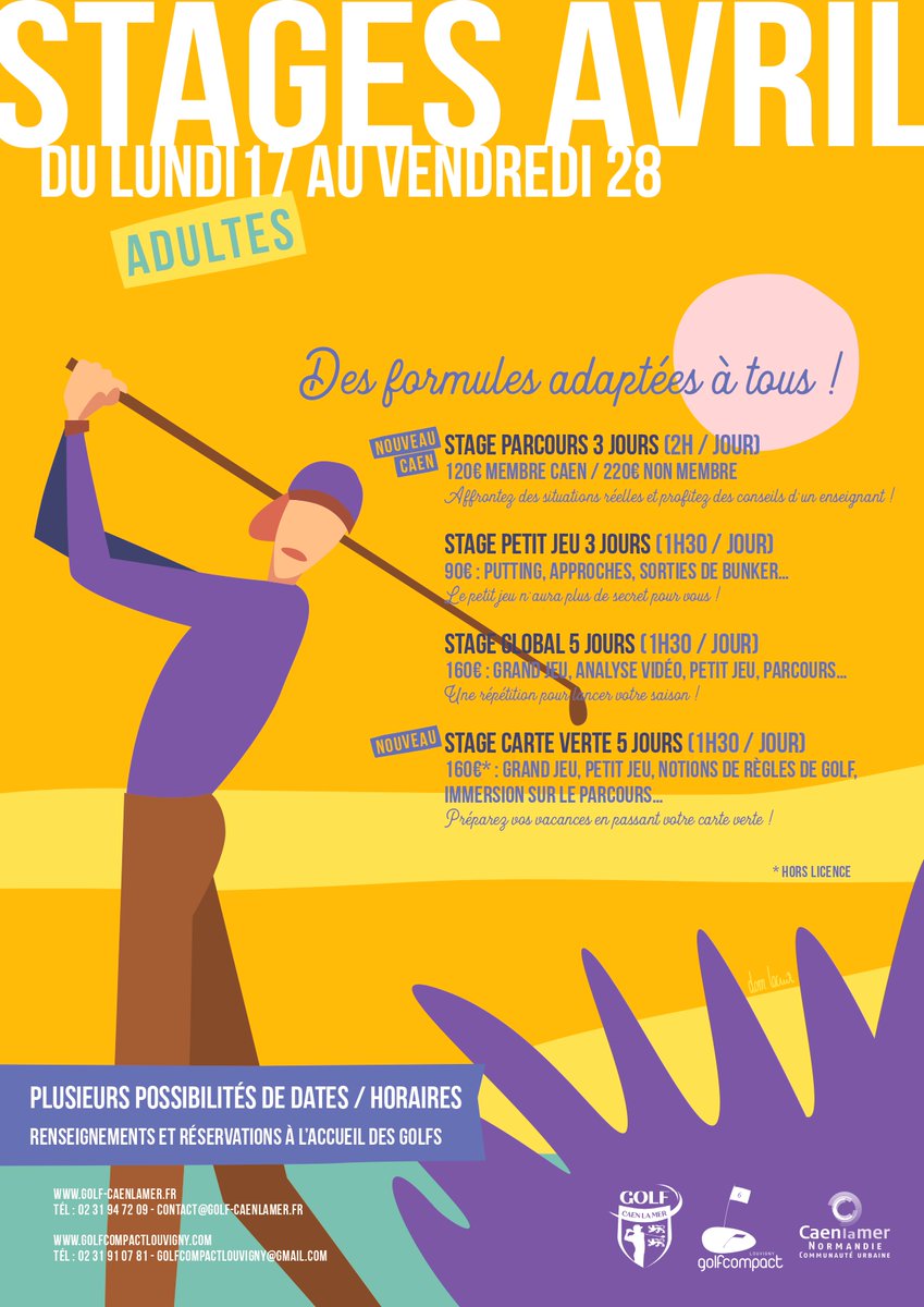 GolfCaenLaMer's tweet photo. Profitez du plein air lors des prochaines vacances scolaires ! ⛳️
Nous proposons des stages pour les enfants et plusieurs formats de stages pour les adultes (dont 2 nouveautés : stage parcours et stage carte verte !).
📞 Renseignements et réservations au 02 31 94 72 09 https://t.co/VFlP0Xolwb