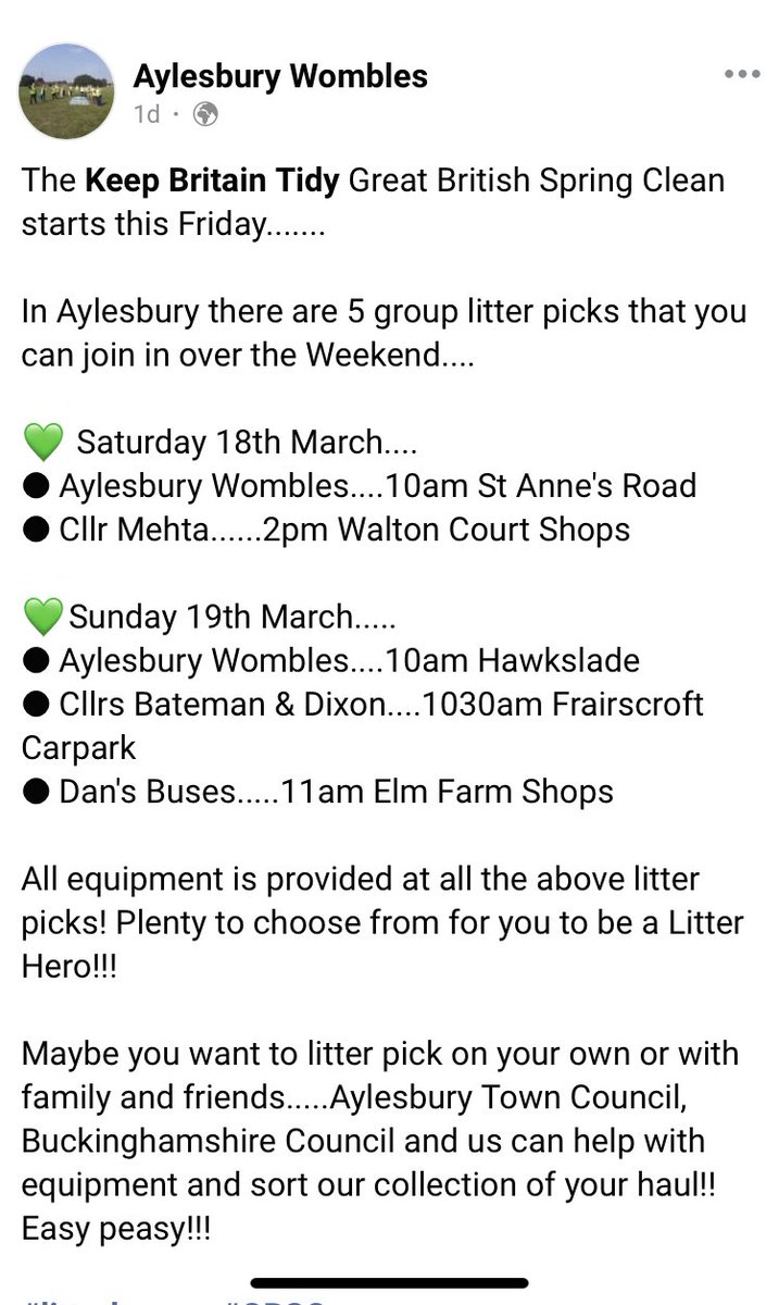 This #weekend there are 5 #litterpicks across #Aylesbury - can you spare 30 mins to help ??  @KeepBritainTidy @AylesNews @YourBucksRadio @TalkRoberto @RobBAylesbury @JustinDealey @aylesburytc #joinin #volunteer #Aylesbury #litter #litterpicking #litterheroes