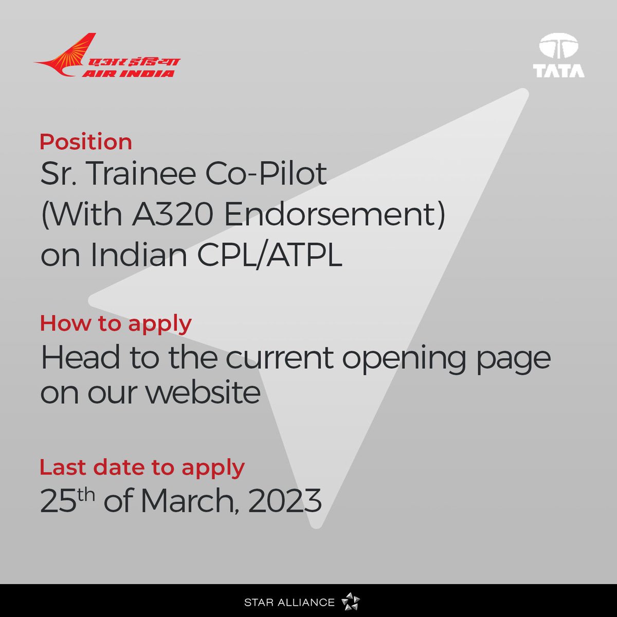 airindia's tweet photo. #FlyAl: We are hiring for our fleet. Looking for Sr. Trainee Co-Pilot (With A320 Endorsement) on Indian CPL/ATPL.
For more details visit our career page at https://t.co/jLM22c4D3L
#AirIndiaRecruitment https://t.co/dAJDfustJq