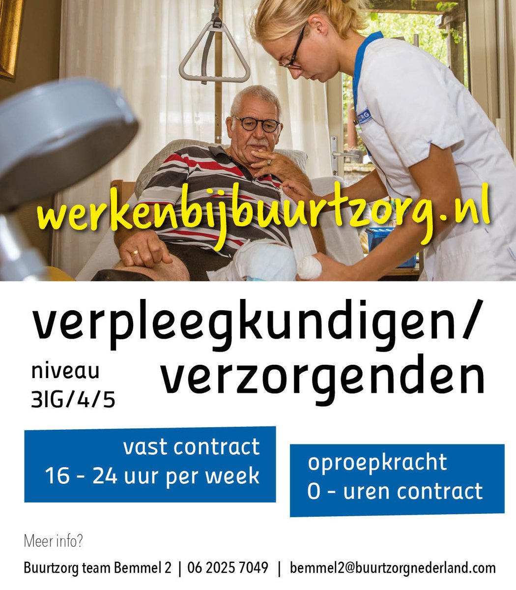 buurtzorg's tweet photo. #Buurtzorg #BEMMEL 2 zoekt MEERDERE enthousiaste #verzorgendeIG / #verpleegkundige #vastcontract / #oproepkracht. Heb jij hart voor de zorg? Kom werken bij Buurtzorg! Solliciteer eenvoudig via https://t.co/NayOidFpPb https://t.co/Ndejgk81TF