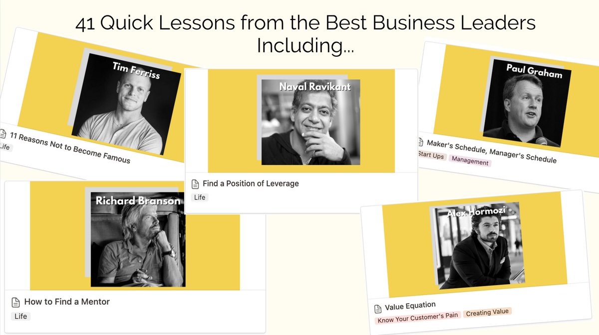 BrianFOConnor's tweet photo. The best business articles take too long to read.

So I summarized the 41 best articles (into 3 bullets each).

Get quick lessons from:
→ Richard Branson
→ Naval Ravikant
→ Paul Graham
→ Tim Ferriss

Retweet and reply "Grow" and I'll DM you the database

(Must be following) https://t.co/XCkDnHs3b4