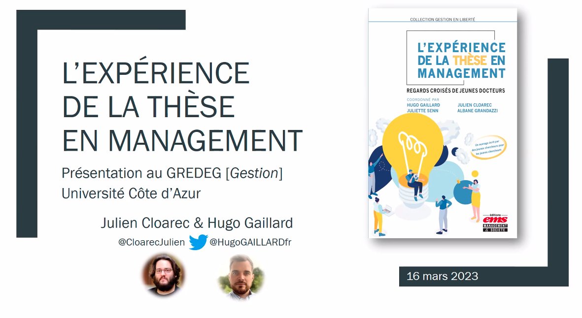 Sarah_Bassite's tweet photo. Merci à @HugoGAILLARDfr et à @CloarecJulien pour la présentation de l'ouvrage "L'expérience de la thèse en management" et leurs retours d'expérience du processus de coordination lors du séminaire interne de gestion au @GREDEG_UMR, organisé par @sophgaliere et @LaurenceSaglietto. https://t.co/200AB3x4Tg