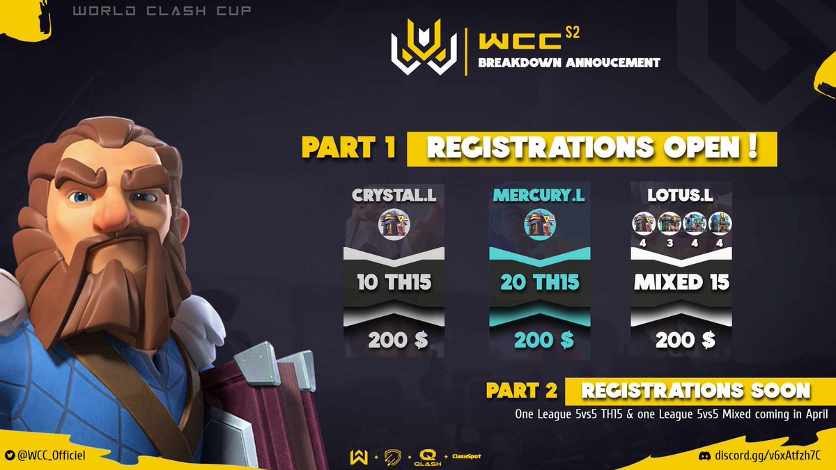 WCC_Officiel's tweet photo. Registrations for our season 2, part 1, are officially open!

3differents leagues:

Crystal League: 10vs10 TH15 
Mercury League: 20vs20 TH15
Lotus League: 15vs15 Mixed.

Registration on our discord
https://t.co/4VefgpO8e2 https://t.co/detnL2FhIB