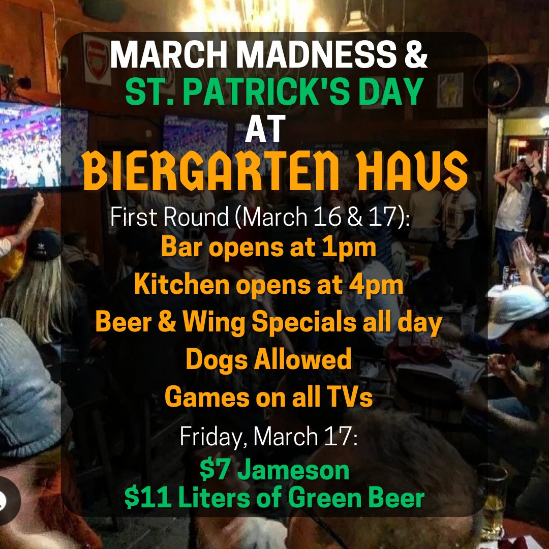 biergarten_haus's tweet photo. AND temps will be in the 60s! See you soon! 🏀🍀🍻

#MarchMadness #StPatricksDay https://t.co/8mRyB4SXLe