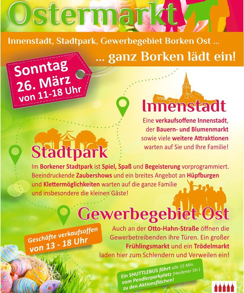 Kommt am 26. März zu unserem Ostermarkt in Borken 😊 Vom verkaufsoffenen Sonntag über Kinderattraktionen bis hin zu unterschiedlichen Marktangeboten - für alle ist etwas dabei! Außerdem könnt ihr das kostenlose Shuttle-Angebot nutzen 🚌