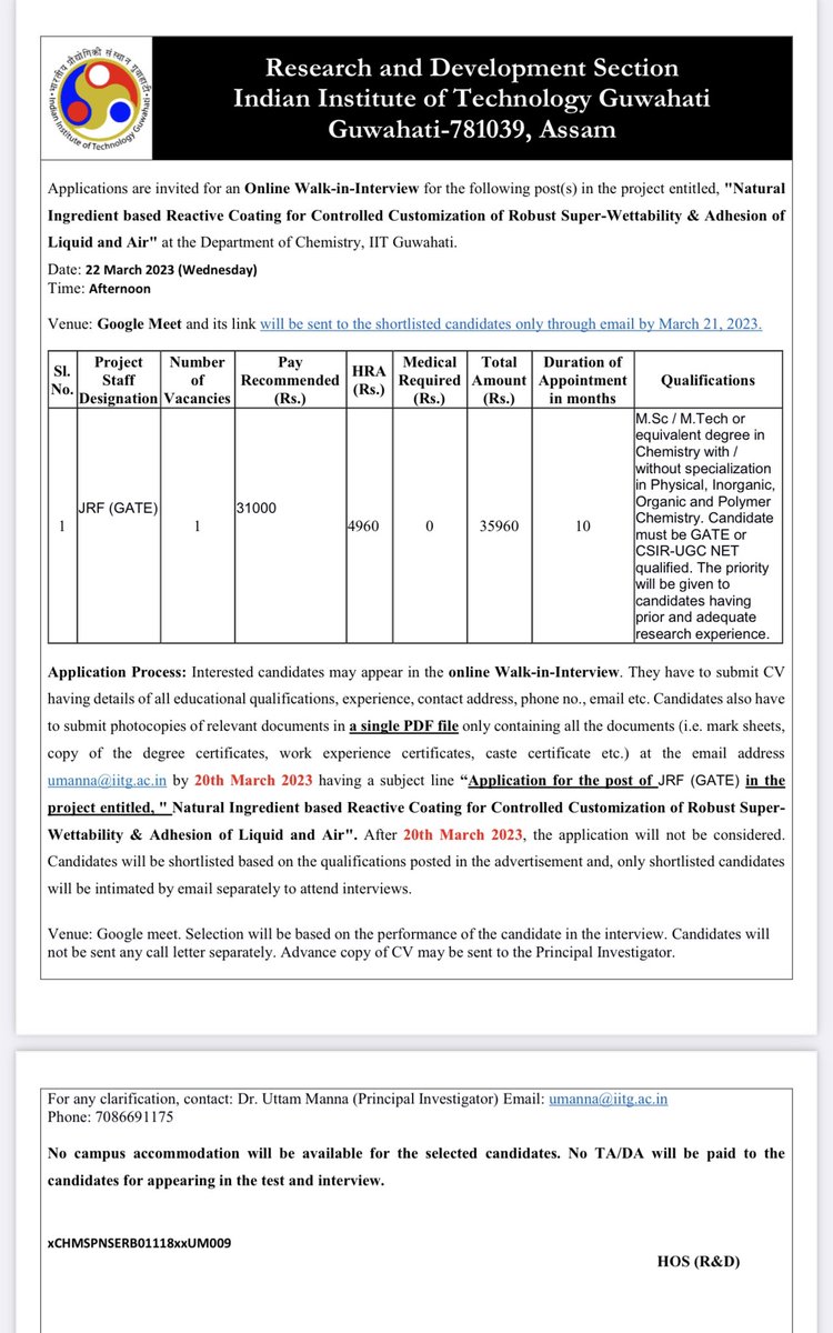 JRF position available in our research group. Interested candidates apply before March 20, 2023.