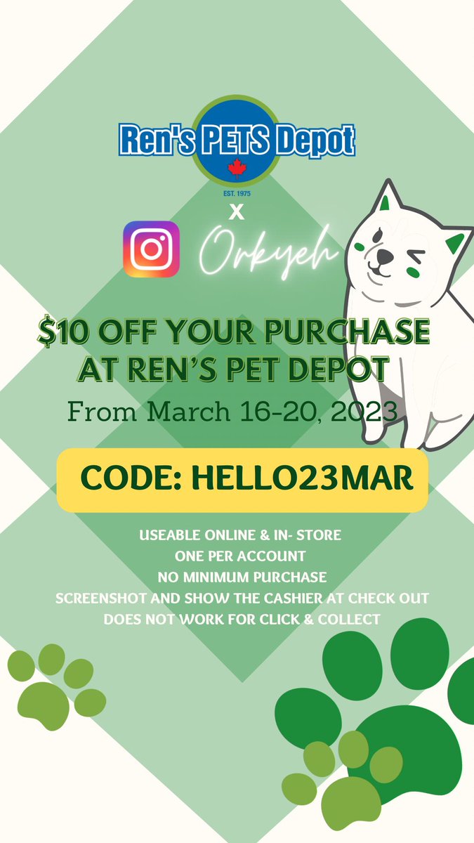 OrkYeh's tweet photo. The buy more save more deal is back at REN’s Pet Depot! $10 OFF! 💚Code: Hello23MAR! 💚 https://t.co/E3hLElI52N
