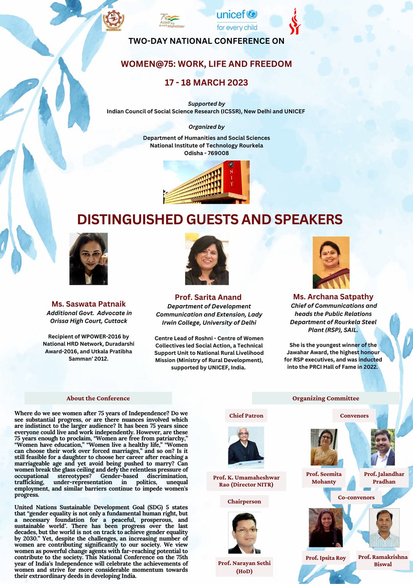 nitrourkela's tweet image. Department of Humanities and Social Sciences, NITR is organising a 2-day national conference on 'WOMEN@75: WORK, LIFE AND FREEDOM' from
17th-18th March 2023. 

@UNICEFIndia @icssr @AmritMahotsav @EduMinOfIndia 
#75yearsofindependence