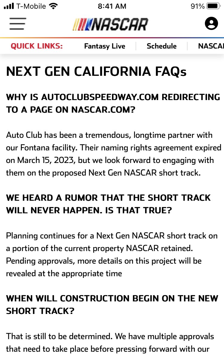 Ryan Auto Clubs naming rights at the Fontana track expired yesterday, making the facilitys current name California Speedway; Auto Club Speedway domain now redirects to a new page on the NASCAR website 