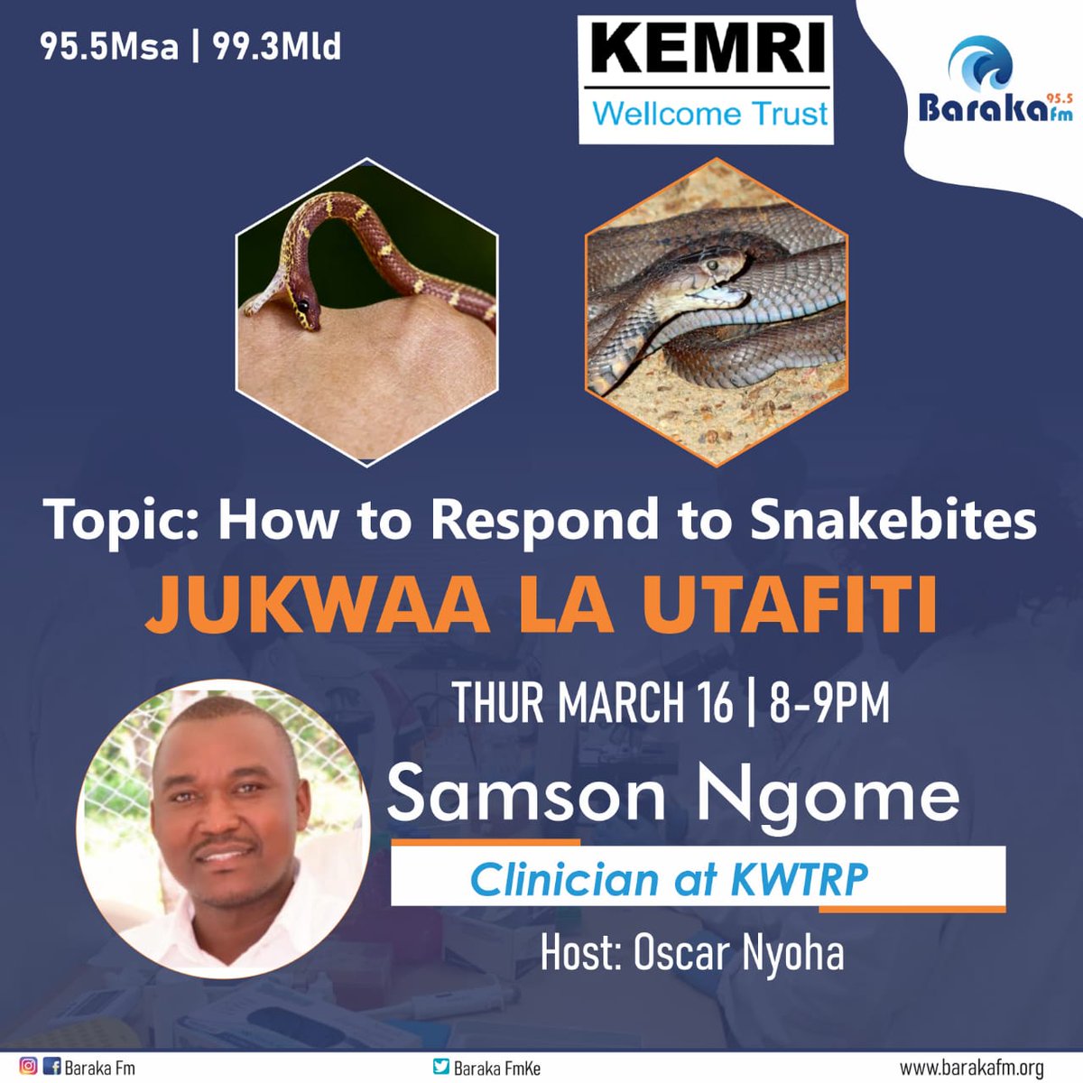 Do you know what to do when a snake bites you? 
Tonight on #JukwaaLaUtafiti 8PM-9PM, we will be having an elaborate discussion around snakebites and the study at KWTRP. Our guest is Samson Ngome from @KEMRI_Wellcome 
@RoselyneNamai 
📞0722479800/0733579800
📲 0748312175