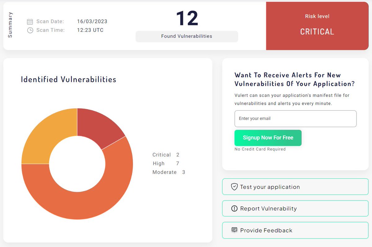 ⚡ Vulert offers a comprehensive report that allows you to identify vulnerabilities in your software without the need to share your code or sign up for an account. Simply follow this link to access the report: vulert.com/vuln-scan/list…

#security #software  #sca #gpt-4 #opensource