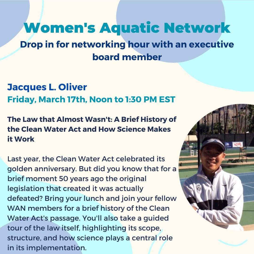 TOMORROW: Don’t miss the next @WomensAquaticDC Networking Hour from 12-1:30 PM to connect with Jack Oliver! 

Jack will be discussing 'The Law that Almost Wasn't: A Brief History of the #CleanWaterAct and How Science Makes it Work.'

Register now at womensaquatic.org/events/2023/3/…