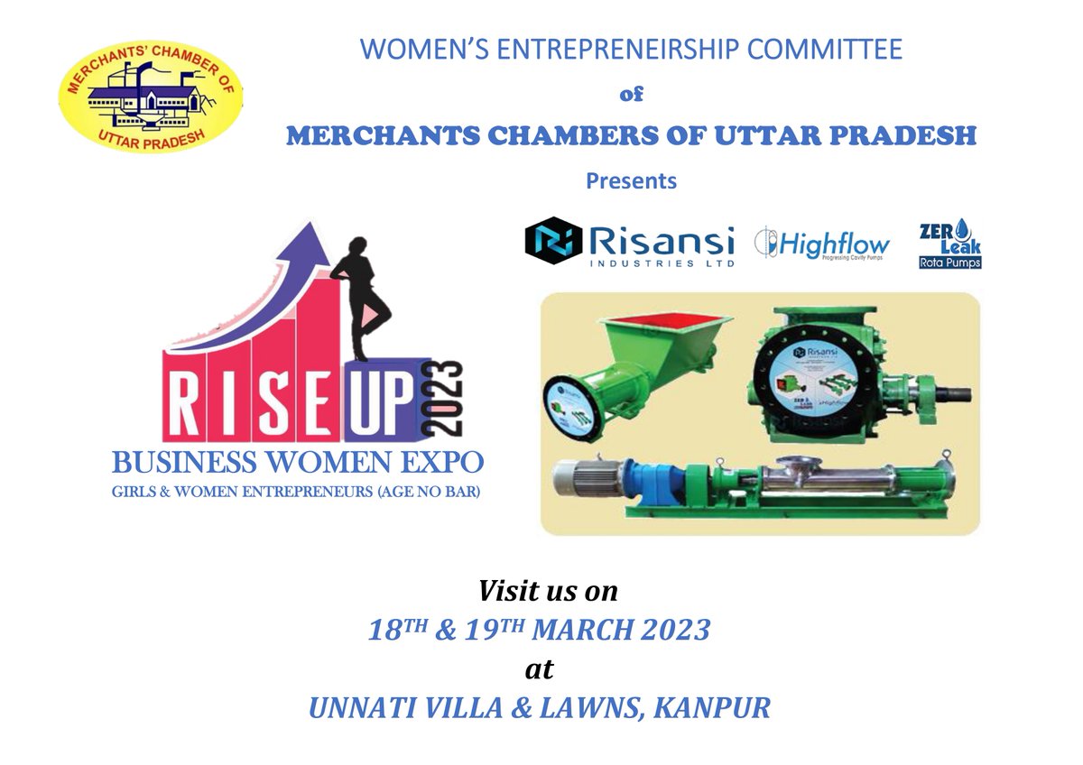 Risansipumps's tweet photo. Risansi requests your eminent presence at "#RISEUP2023", Business Women Expo" scheduled to be held on 18th and 19th of March 2023 at Unnati Villa & Lawns, #Kanpur!
#riseup2023 #businesswomen #business #BusinessWomenExpo #BusinessExpo #Businessdivas #risansi #risansipumps https://t.co/YNrImRzdhO