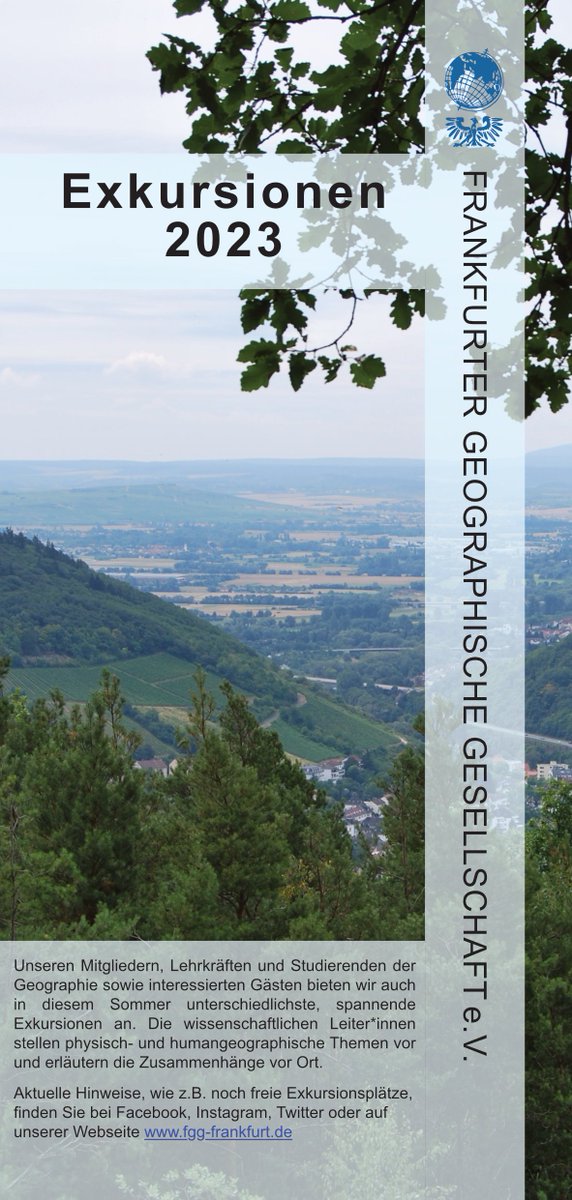 FGG_eV's tweet photo. 🥾Auch dieses Sommersemester bieten wir wieder fantastische #Exkursionen an. Von #Frankfurt über #Mainz bis zum #Schwarzwald beschäftigen wir uns mit spannenden aktuellen geographische Themen.
Das Anmeldeformular ist hier zu finden 👉 https://t.co/ElbVly0wNJ https://t.co/vByPfypMFI