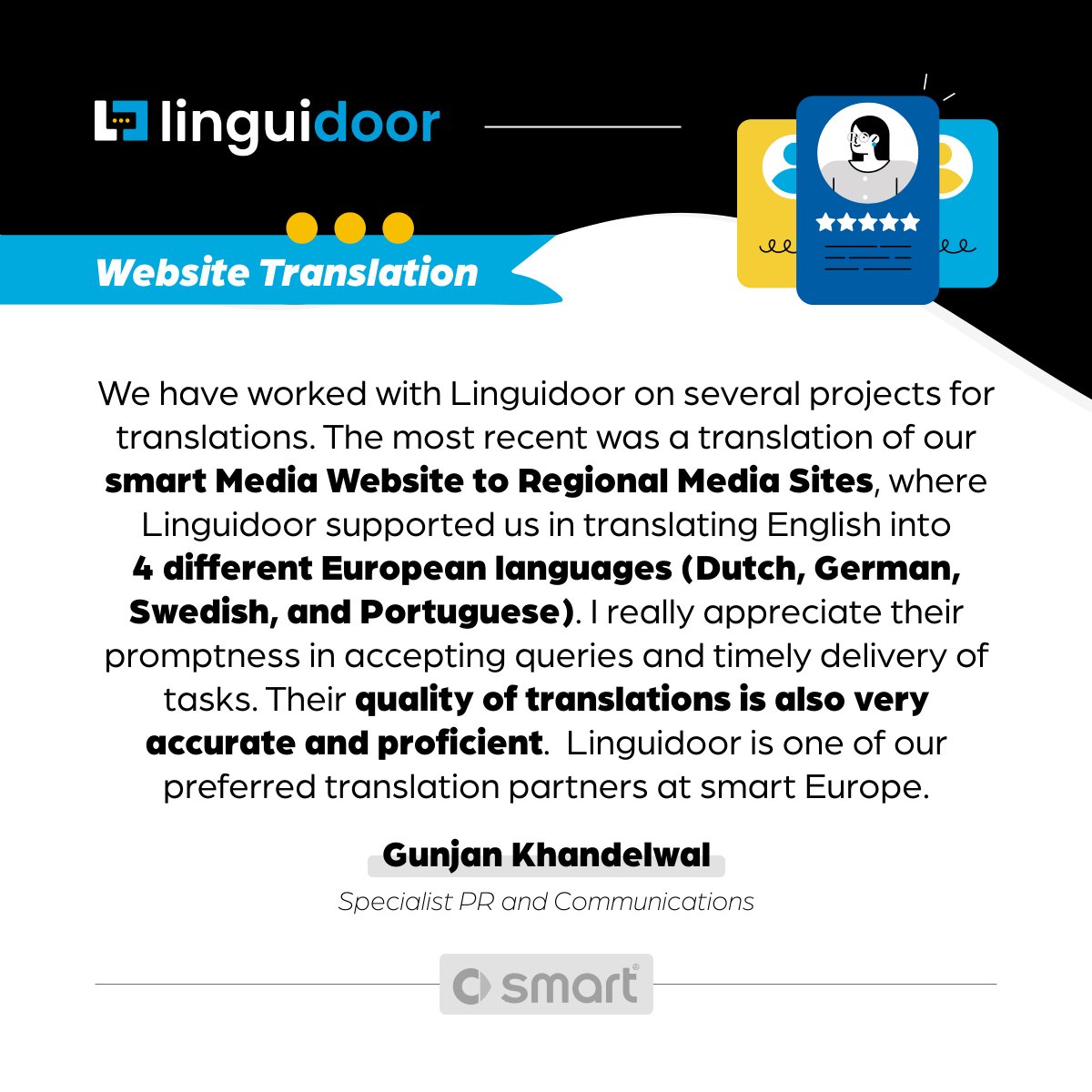 linguidoor's tweet photo. Our #websitetranslation services are making waves! Read what our clients have to say about their experience working with us. Thank you @smart_worldwide for choosing us, we appreciate your business
#medialocalisation #marketingtranslation #translationcompany https://t.co/nx2guwl63k