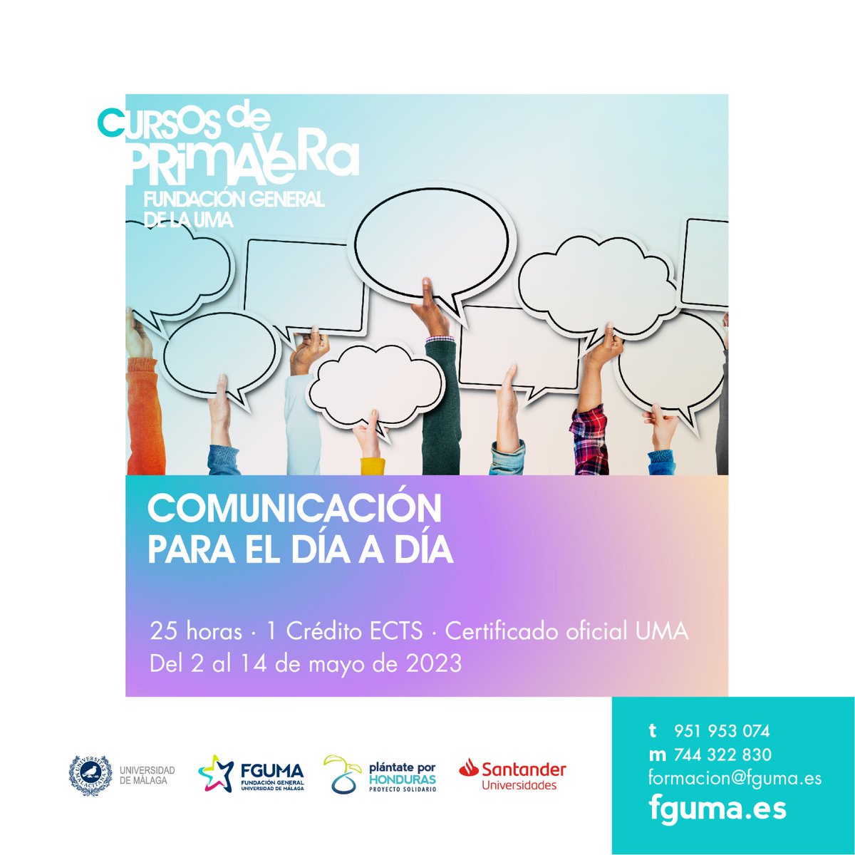 Si eres profesional o estudiante del mundo de la #comunicación, te va a interesar este curso  #primaveraFGUMA 🌸 "Comunicación para el día a día" 🗣️ 

🕐 25 h. 
🗓️ 2 al 14 de mayo
📄 1 crédito  

➕ℹ️ fguma.es/course/comunic…
