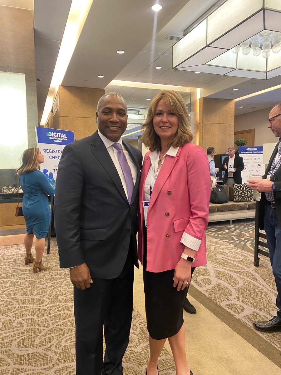 MDTechCouncil's tweet photo. MTC CEO Kelly Schulz connecting with Secretary Kevin Anderson before opening the show at the Digital Transformation Summit #MTCDigiSummit @MDBiz https://t.co/drTfb7BT3I