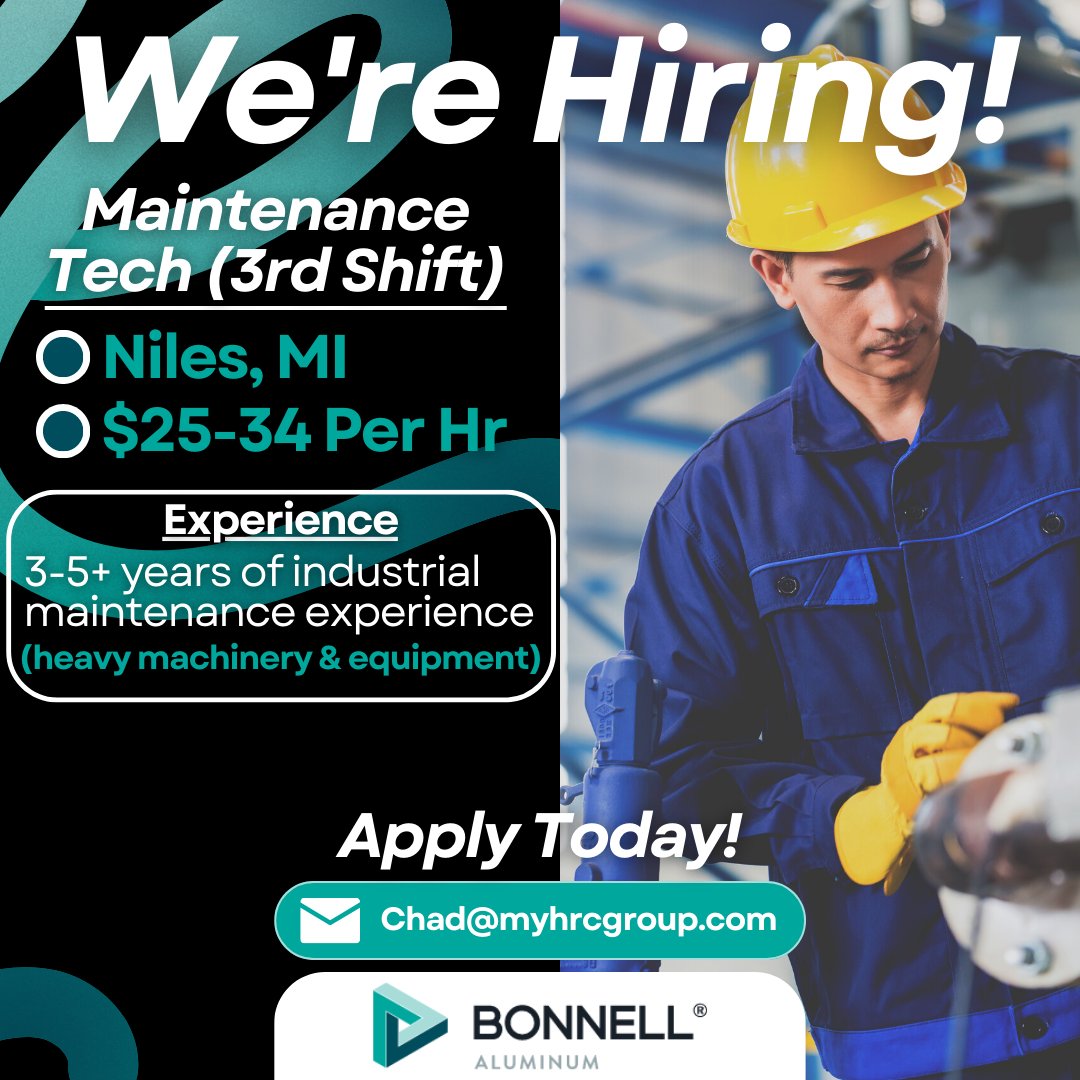 MyHRCGroup's tweet image. Maintenance Technicians Needed❗ Contact Us or Email Chad@myhrcgroup.com to Apply!

#maintenance #mainttech #jobs #jobshiring #maintenancejobs #apply