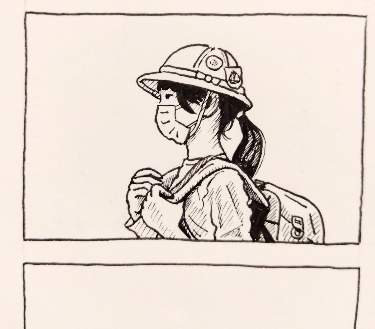 漫画、少しずつ描いてます。黄色い帽子の登校スタイル。 
