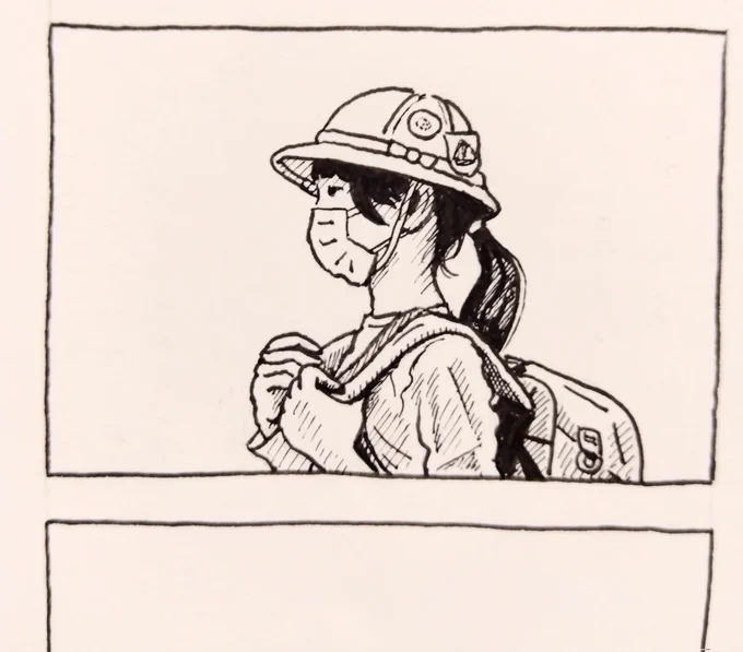 漫画、少しずつ描いてます。黄色い帽子の登校スタイル。 