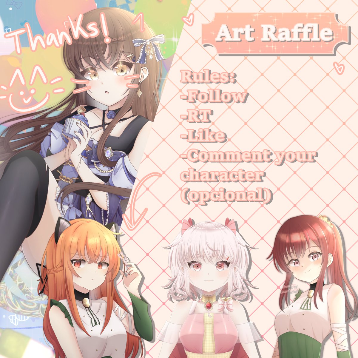 ShiroYariss's tweet photo. 🎀🩷𝓐𝓻𝓽 𝓡𝓪𝓯𝓯𝓵𝓮🎉

🌷🍀Prize: 1 Half body + if we reach 100 followers there will be 1 more winner!

✦To participate:

↪ Follow.
↪ Like and RT.
↪ Comment your character! (optional)

The raffle will end on April 15. 🫶🏻🩷

#artraffle #raffle #animeart #vtuber #giveaway https://t.co/U4w4olWsBn