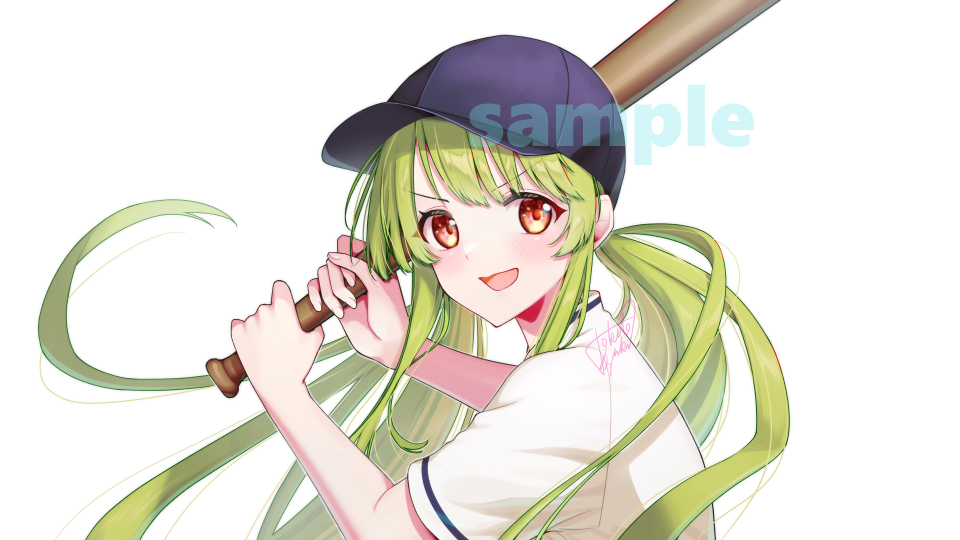 1girl baseball bat solo holding baseball bat long hair green hair hat  illustration images
