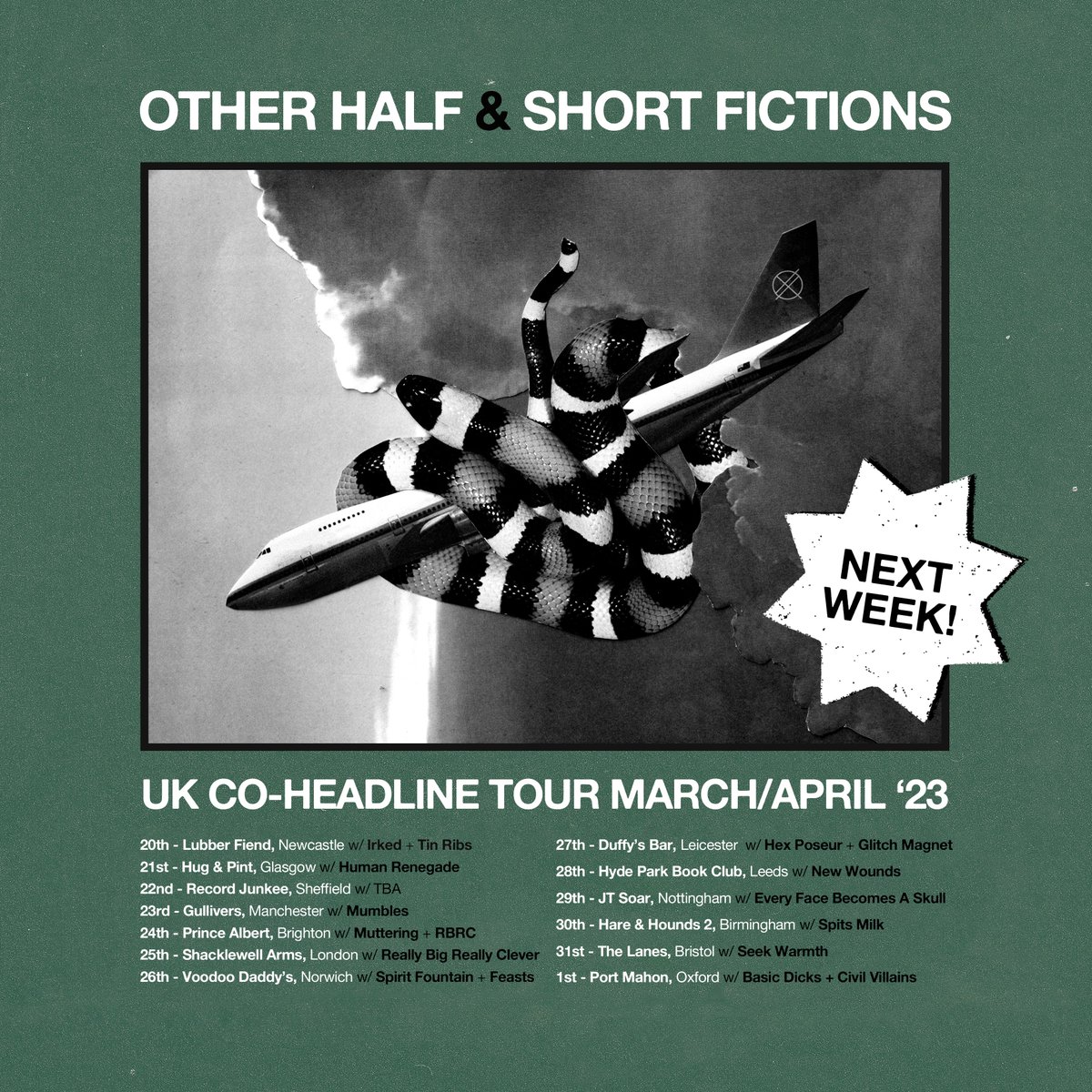 OtherHalfUK's tweet photo. Looky here, this starts on Monday. Big massive rock tour w/ @short_fictions and all these brill support bands. Playing new songs, playing old songs, playing 'em all like we mean it.
Get a ticket, we double dog shit dare u
https://t.co/QyKE2oMrfy https://t.co/XAQbN3GCBK