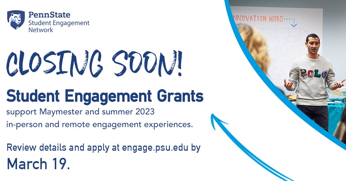 PSU_Undergrad's tweet photo. The Student Engagement Network is accepting applications for the current grant cycle! #PennState students can use @EngagePennState grants to support engagement experiences like research, internships, creative projects, and more.

Apply at https://t.co/CdvSp7E1Yr. #EngagePennState https://t.co/aAmkOl8DXG