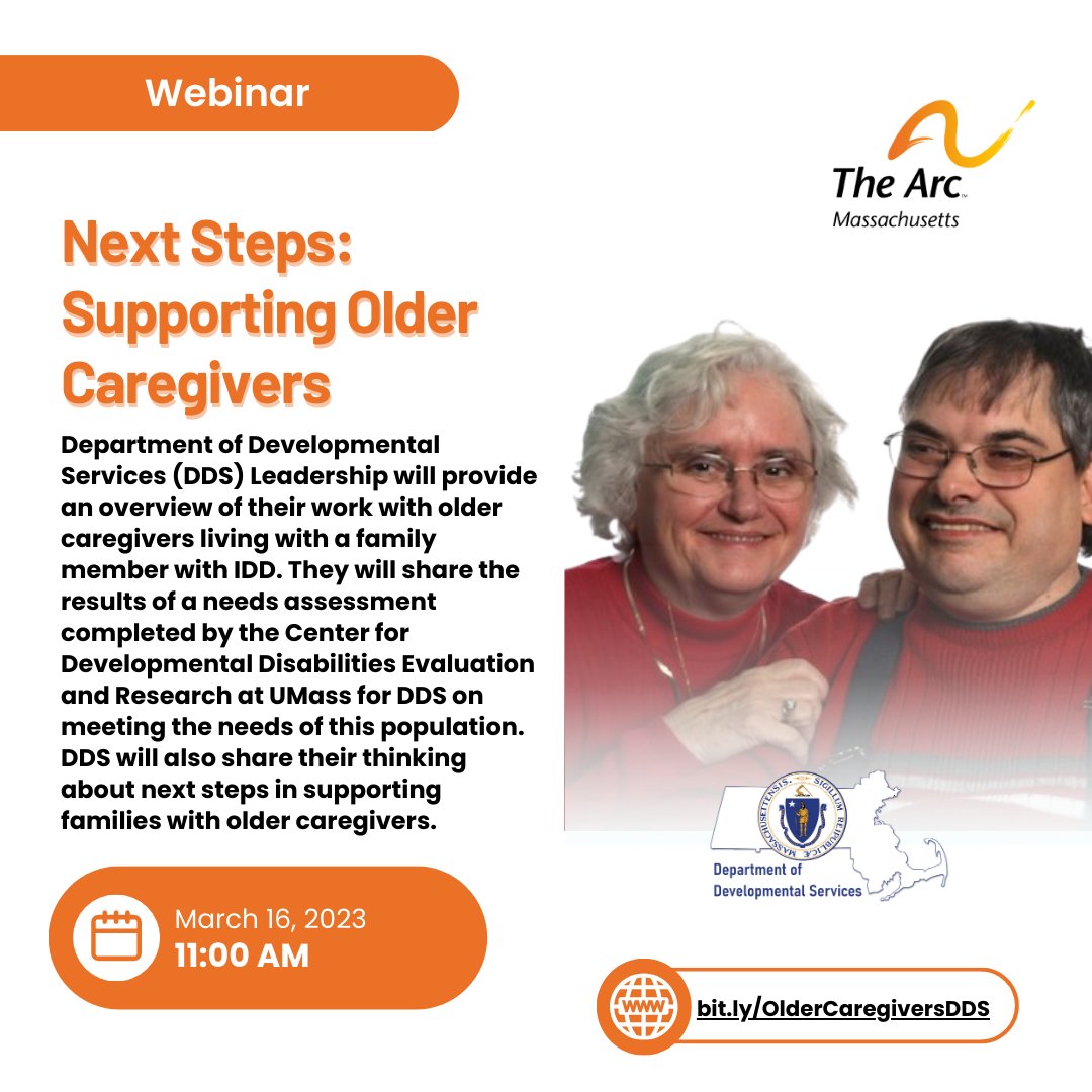 Today at 11:00AM: Department of Developmental Services (DDS) Leadership will provide an overview of their work with older caregivers living with a family member with IDD. DDS will also share their thinking about next steps in supporting families with ol... bit.ly/OlderCaregiver…
