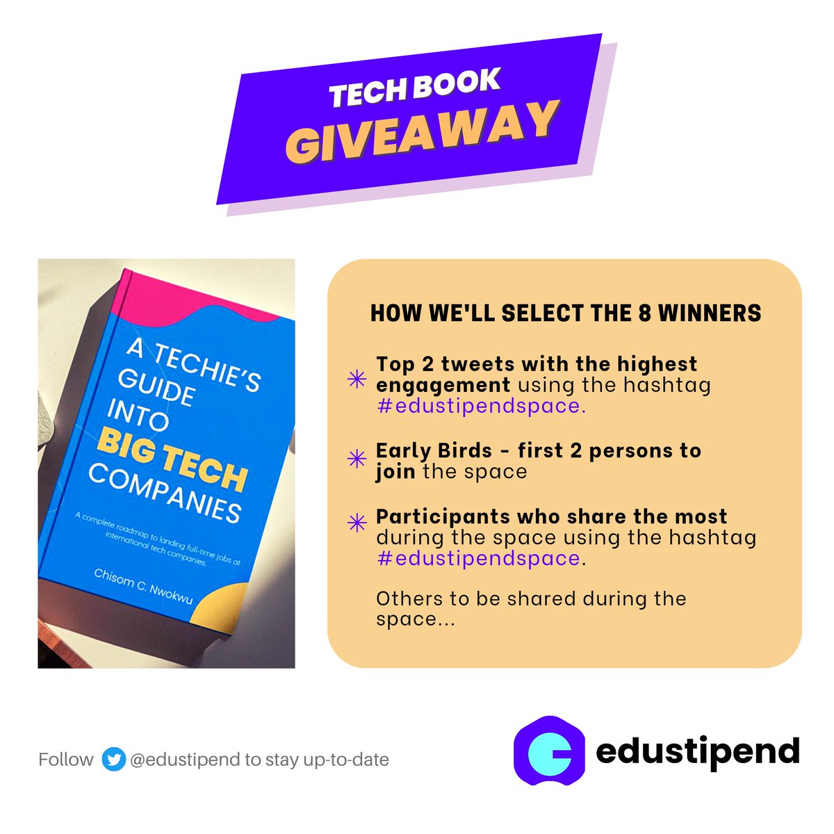 edustipend's tweet photo. Announcing the winners 🏆 of @tech_queen's book giveaway from our last Twitter space. 🕺🏽💃🏽

☆ @Ada__Nnnanya
☆ @_stephentony_
☆ @8thwondar_
☆ @DivineOtisi
☆ @motolani1815
☆ @legaltechiee
☆ @GstarVictor
☆ @ChisomChibuike_
 
Congratulations! 🎊 🥳 https://t.co/3hUVbpLbUt