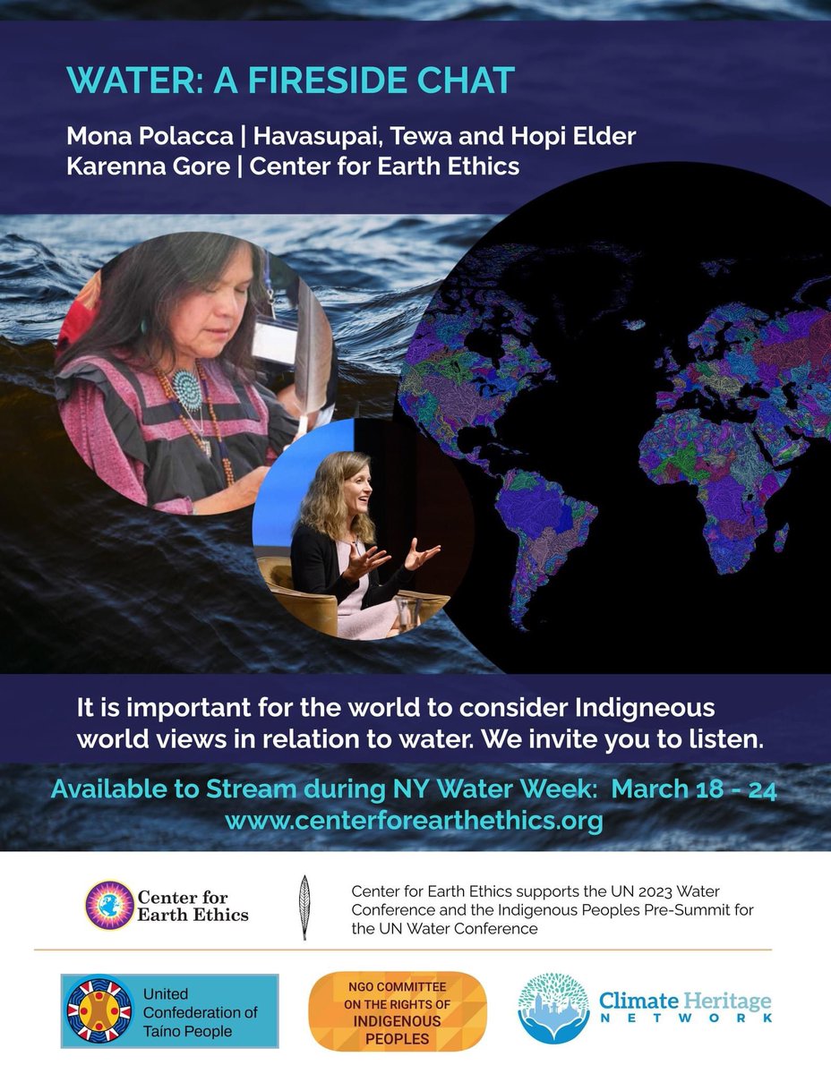 Supporting Indigenous world views is #WaterAction is #ClimateAction is Life. For #WorldWaterDay & #NYWW, join @EarthEthicsCtr & @NGOCoRIP for ‘Water: An Indigenous Perspective’ w/ Havasupai, Tewa Hopi Elder Mona Polacca & @KarennaGore. 
🔗 centerforearthethics.org/event/water-a-…
#ClimateHeritage