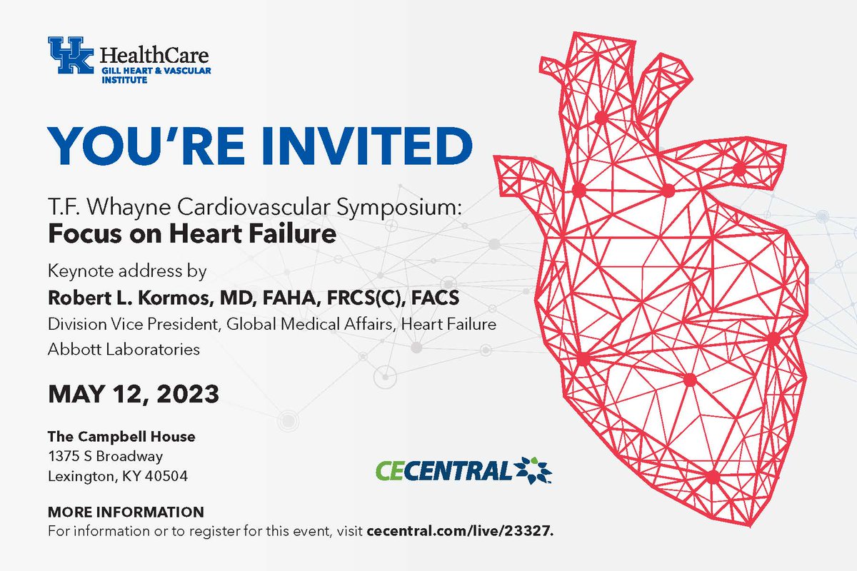 UK_GillHeart (@gillkentucky) on Twitter photo Join us in May for our annual T.F. Whayne Cardiovascular Symposium. This year we put a spotlight on Heart Failure. You'll hear from a variety of #heartfailure experts from <a href="/UK_HealthCare/">UK HealthCare</a> and a special keynote address from Dr. Robert Kormos (<a href="/rlkkvad51/">Robert Kormos</a>).
cecentral.com/live/23327 Join us in May for our annual T.F. Whayne Cardiovascular Symposium. This year we put a spotlight on Heart Failure. You'll hear from a variety of #heartfailure experts from <a href="/UK_HealthCare/">UK HealthCare</a> and a special keynote address from Dr. Robert Kormos (<a href="/rlkkvad51/">Robert Kormos</a>).
cecentral.com/live/23327